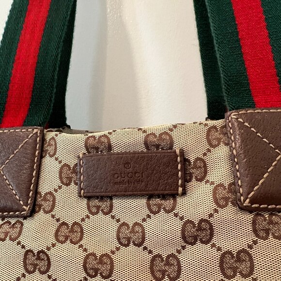 Gucci GG Canvas Monogram Web Tote Bag Brown Red Green Stripe 131231 - Picture 6 of 11